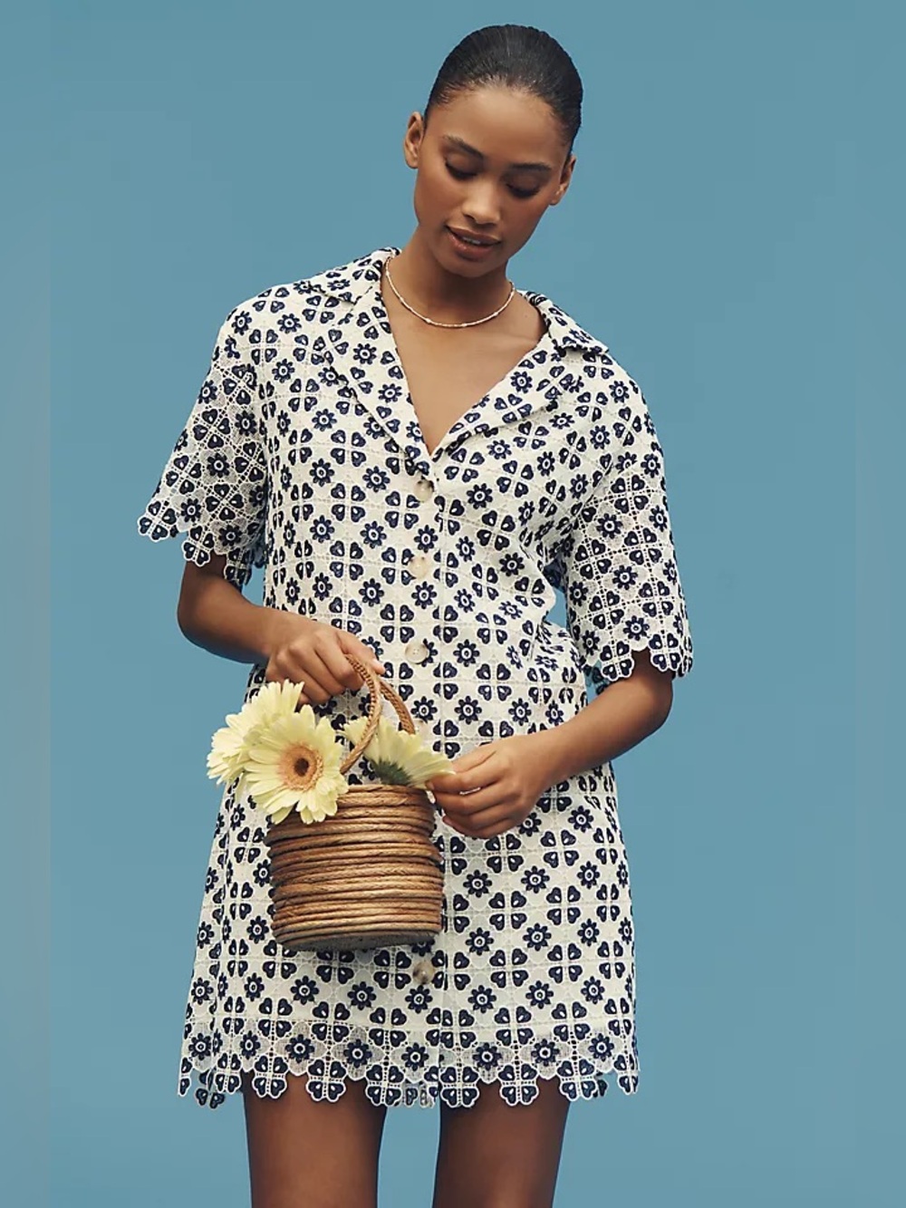 Maeve Short-Sleeve Geo Lace Mini Shirt Dress